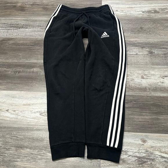 Adidas Essentials Black White 3 Stripes Mens M Fleece Taper Jogger Track Pants - Picture 1 of 11